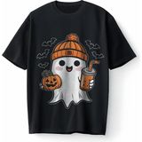 Sevimli Hayalet Baskılı Cadılar Bayramı Halloween Oversize Unisex Tişört T-Shirt - Siyah - XL