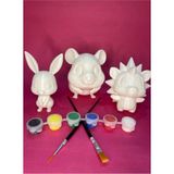 Sevimli Hayvanlar Boyama Seti – Tavşan, Kirpi, Hamster | 10 cm 3 Figür + 2 Fırça + 6 Renk Boya - Beyaz