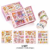 Sevimli Karikatür Washi ve Çıkartma Seti, DIY Günlük için, 4 Yaprak Çıkartma + 4 Rulo, Kağıt Malzeme, Hediyelik eşya