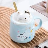 Sevimli Kawai Kedi Kapaklı Kaşıklı 3D Kupa Bardak Mavi, Mavi, 3D Sevimli Kedi Figürlü