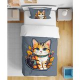 Sevimli Kedi 3D Dijital Baskılı Tek Kişilik Kız Çocuk Genç Çarşafsız Nevresim Takımı - Gri - 160 x 220 cm