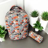 Sevimli Kedi Desenli 2'li Okul Çantası Seti - Ergonomik Sırt Çantası ve Kalemlik - Turuncu - Gri - 20 cm (En) x 40 cm (Boy) x 19 cm (Yükseklik)