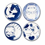 Sevimli Kedi Desenli Ahşap Bardak Altlığı Seti, 4 Parça, Mavi-Beyaz Seramik Görünümlü, 10 cm, Isıya Dayanıklı