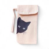 Sevimli Kedi Desenli Gözlük Kılıfı, Krem Rengi Gabardin Kumaş