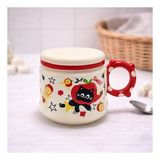 Sevimli Kedi Desenli Kapaklı Seramik Kupa Bardak Kahve Fincanı Kawaii Hediyelik Ofis (Antik Bej)