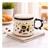 Sevimli Kedi Desenli Kapaklı Seramik Kupa Bardak Kahve Fincanı Kawaii Hediyelik Ofis (Sahra Beji)