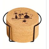 Sevimli Kedi Desenli Mantar Bardak Altlıkları, 10 cm Çap, 0,5 cm Kalınlık, 12'li Set, Demir Stand Dahil