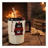 Sevimli Kedi Desenli Pipetli Kapaklı Termos Kupa Bardak – I Love You Cat Tasarımlı Taşınabilir Mug (Parlak Beyaz)