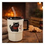 Sevimli Kedi Desenli Pipetli Kapaklı Termos Kupa Bardak – I Love You Cat Tasarımlı Taşınabilir Mug (SarıBeyaz)