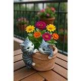 Sevimli Kedi Figürlü Saksı Taş Tozu Malzemeden Modern Asimetrik Şekil 16x14x15 cm - Çok Renkli