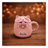 Sevimli Kedi Tasarımlı Kapaklı Kupa Bardak Seramik Kahve Fincanı Hediyelik (Pudra Pembe)