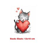Sevimli Kedi Ve Kalp Ütü İle Yapışan Tekstil Kumaş Tişört Dtf Baskı 3471
