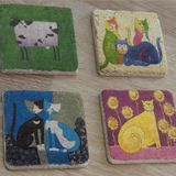 Sevimli Kediler ve İnek Doğal Taş Bardak Altlığı 4'lü set - Natural Stone Coasters