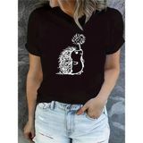 Sevimli Kirpi Baskılı T-Shirts - Siyah - XL