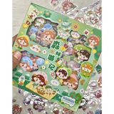 Sevimli Kız Piknikte 3 Bölümlü 18 Yaprak 120 Adet Yeşil Kutu Kabartmalı Sticker Seti / Su Geçirmez/Etiket/Çıkartma