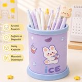 Sevimli Mor Ice Rabbit Tavşan Desenli Geniş Kapasiteli Masaüstü Organizer - Altın - Mor - Seçenek 1