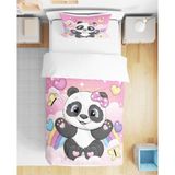 Sevimli Panda 3D Dijital Baskılı Tek Kişilik Çarşafsız Kız Çocuk Nevresim Takımı - Pembe - Beyaz - 160 x 220 cm