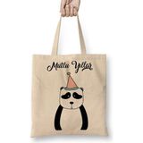 Sevimli Panda Ile Mutlu Yıllar Bez Çanta Uzun Saplı - Açık Bej - 40 X 40
