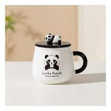 Sevimli Panda Kapaklı Seramik Kupa 500 ml – Panda Figürlü Kapaklı Kupa Bardak (SarıBeyaz)