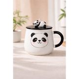 Sevimli Panda Kapaklı Seramik Kupa 500 ml – Panda Figürlü Kapaklı Kupa Bardak (Titanyum)