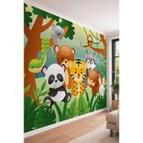 Sevimli Panda, Kaplan ve Koala Temalı Renkli Orman Manzaralı Tekstil Duvar Kağıdı, 240 x 240
