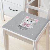 Sevimli Papyonlu Kedi Desenli Çocuk Odası Fermuarlı Sandalye Minderi - Ahşap - Bej - Seçenek 1