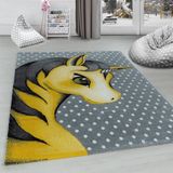 Sevimli Peri Atı Desenli Soft Çocuk Halısı Gri Sarı Beyaz Renklerde