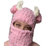 Sevimli Puffy Pembe Beyaz Boynuzlu Bere, El Örgüsü Balaklava