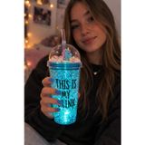 Sevimli Renkli Çılgın 450ML Led Işıklı This İs My Drink Temalı Pipetli İçecek Bardağı Suluk 2642MAVİ