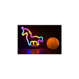 Sevimli Renkli Neon Unicorn ve 3D Küre Stantlı, Pil + Kablo'lu Gece Lambası Çocuk Odası Festival Parti Dekorasyon