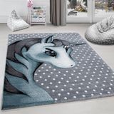 Sevimli Unicorn Tasarım Halı Mavi Gri Halı Yumuşak Dikdörtgen Jüt Halı Çocuk Odası Oyun Halısı 80x150 cm