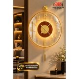 SEVİNÇ KONSEPT Led'li Latin Gold Tiktok Face (Büyük Boy 50 X 75 CM) Kırılmaz Göbek Modern Dekoratif Sarkaçlı Metal Duvar Saati