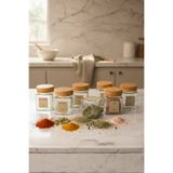 Sevinse Home BONA 6'lı 300 mL Bambu Kapaklı Kare Cam Baharatlık Takımı / 12 Adet Etiket Hediyeli / Altılı