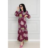 Sevitli Desenli Kuşaklı Viscon Elbise-Bordo - 42