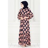 Sevitli Eteği Fırfır Ikat Desen Viscon Elbise-Lacivert - 48