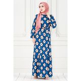 Sevitli Eteği Fırfır Ikat Desen Viscon Elbise-Mavi - 46