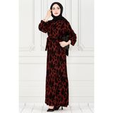 Sevitli Eteği Fırfır Yaprak Desenli Viscon Elbise-Bordo - 40