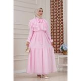 Sevitli Fırfır Detaylı Roza Tesettür Elbise-Pembe - 42 - 44