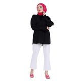 Sevitli Gül Broşlu Kolu Fırfırlı Tunik-Siyah