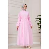 Sevitli Kolları Fırfır Detaylı Simay Elbise-Pembe - 42 - 44