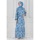 Sevitli Motif Desen Beli Kuşaklı Viskon Elbise-Mavi - 40
