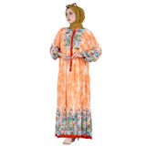 Sevitli Robalı Manolya Viskon Elbise-Turuncu