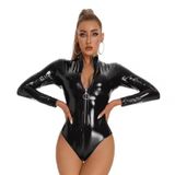 Sexy Deri Görünümlü Ayarlanabilir Çift Fermuarlı Body, Kısa Kollu,Uzun Kollu Seçeneklerle, Fantazi Kostüm (Siyah Uzun Kol, 4XL)