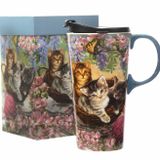 Seyahat Kahve Seramik Kupa Porselen Latte Çay Fincanı Hediye Kutusunda Kapaklı 500 ml Çiçek ve Kedi CEDAR HOME