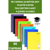 SEYFİKİRTASİYE 96 YAPRAK A4 TELLİ DEFTER 8 ADET 4 ÇİZGİLİ 4 KARELİ PLASTİK KAPAK
