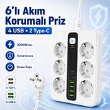 Seyoni 6’lı Çoklu Priz 6 Soketli Termal Akım Korumalı Power Tuşlu 4 USB 2 Type-C Çıkışlı - Beyaz
