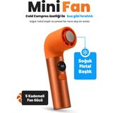 Seyoni Mini Fan Buz Etkili Metal Başlıklı Soğuk Kompres Özellikli Dijital Ekranlı 5 Kademeli 3000 Mah Şarjlı El Fanı - Turuncu