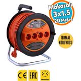 Seyyar Makaralı Uzatma Kablosu Cca 3x1.5 mm 20 Metre Termal Sigortalı Plastik 4 Prizli Monofaze - Turuncu - Siyah