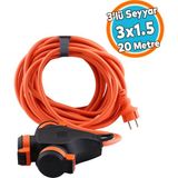 Seyyar Topraklı 3'lü Grup Priz Fiş 20 Metre Çoklu Cca Uzatma Kablosu 3x1.5 mm Monofaze Çoğaltıcı - Turuncu