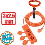 Seyyar Topraklı Kapaklı 3'lü Grup Priz Fiş 10 Metre Cca Uzatma Kablosu 3x2.5 mm Monofaze Çoğaltıcı - 2 x 2,5 mm